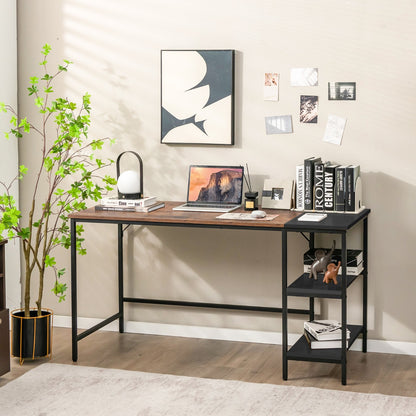 140CM Computer Desk with 2-tier Storage Shelves &amp; Steel Frame-Brown