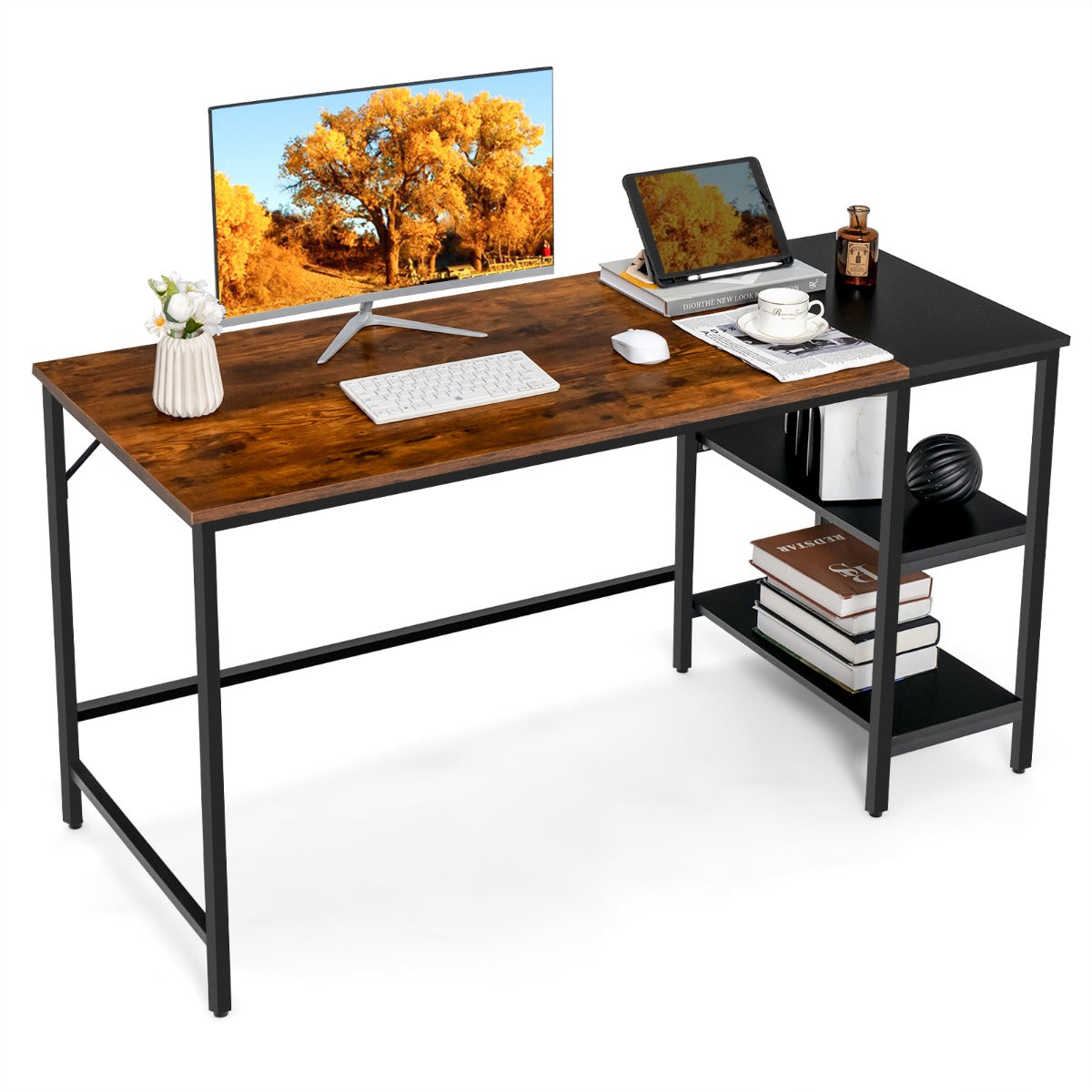 140CM Computer Desk with 2-tier Storage Shelves &amp; Steel Frame-Brown