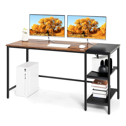 140CM Computer Desk with 2-tier Storage Shelves &amp; Steel Frame-Brown