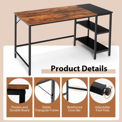 140CM Computer Desk with 2-tier Storage Shelves &amp; Steel Frame-Brown