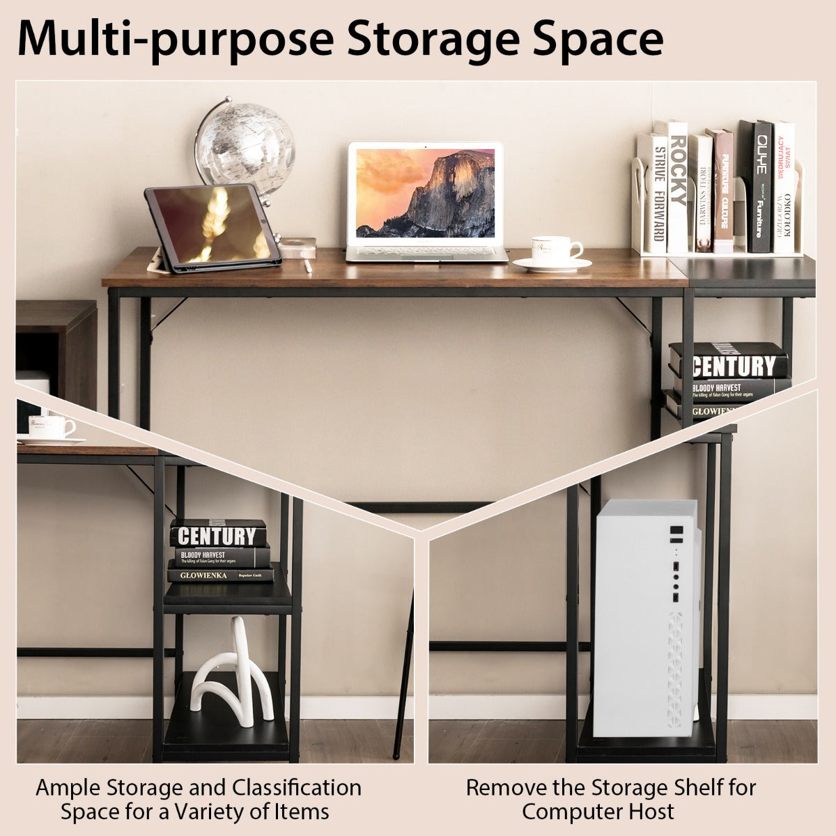 140CM Computer Desk with 2-tier Storage Shelves &amp; Steel Frame-Brown