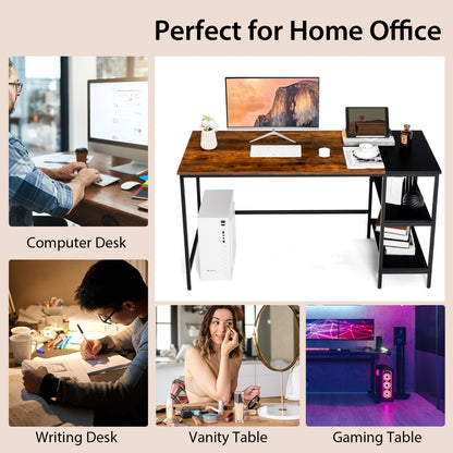140CM Computer Desk with 2-tier Storage Shelves &amp; Steel Frame-Brown