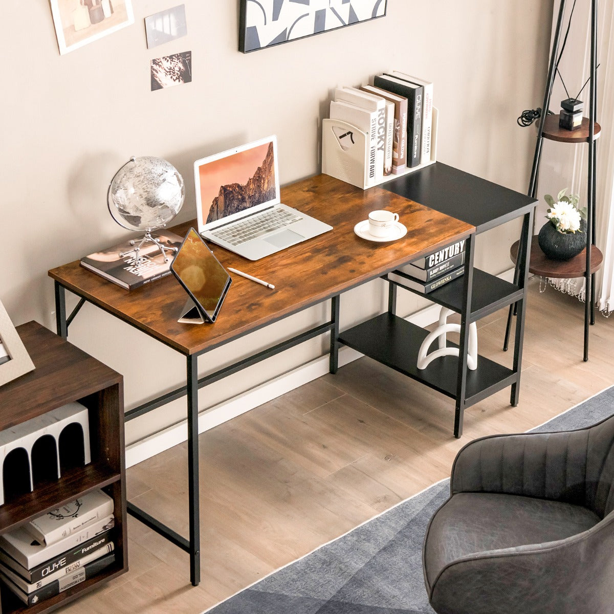 140CM Computer Desk with 2-tier Storage Shelves &amp; Steel Frame-Brown
