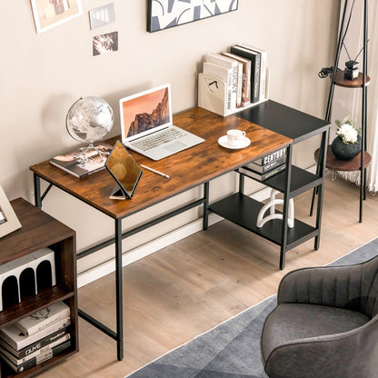140CM Computer Desk with 2-tier Storage Shelves &amp; Steel Frame-Brown