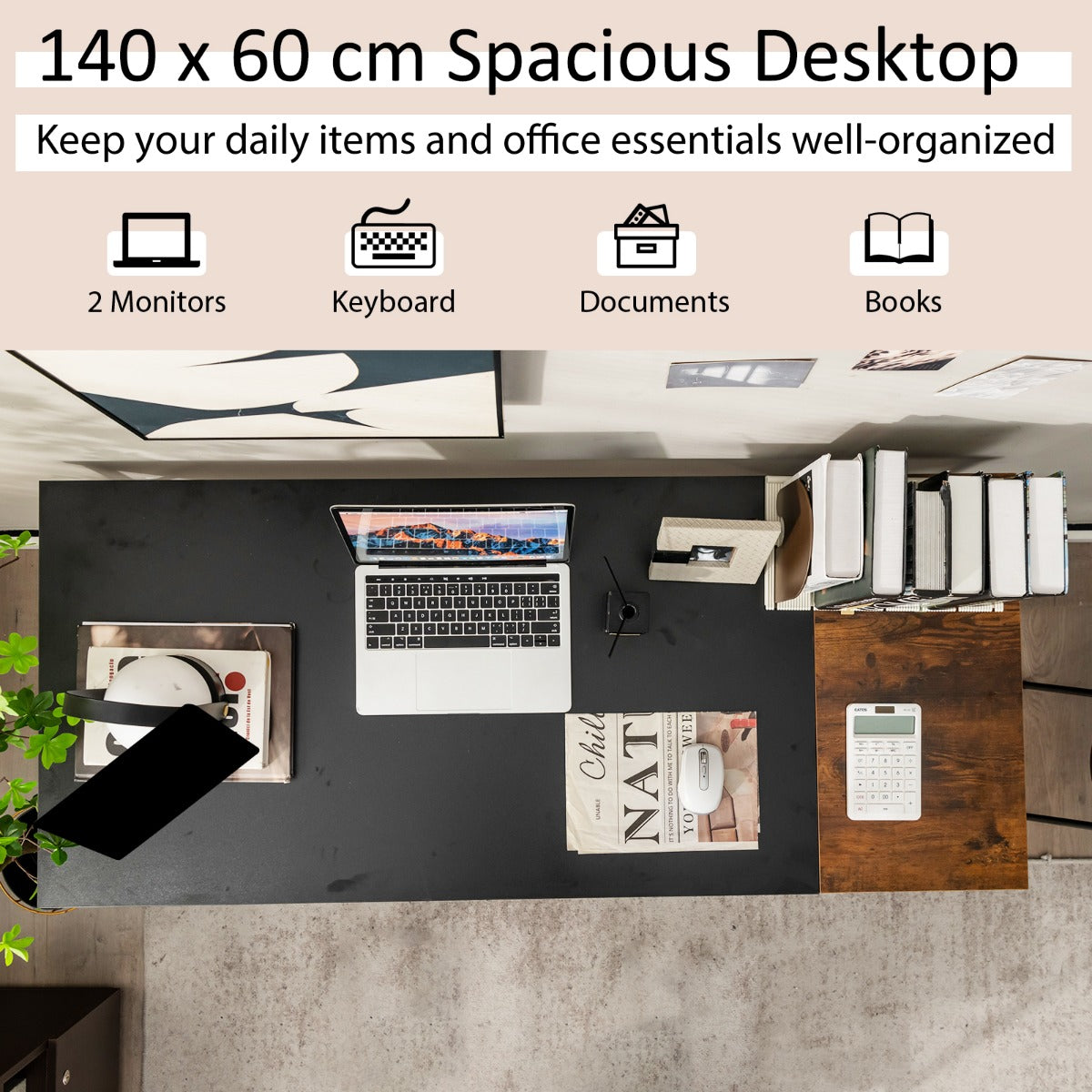 140CM Computer Desk with 2-tier Storage Shelves &amp; Steel Frame-Black