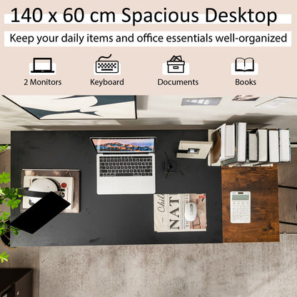 140CM Computer Desk with 2-tier Storage Shelves &amp; Steel Frame-Black