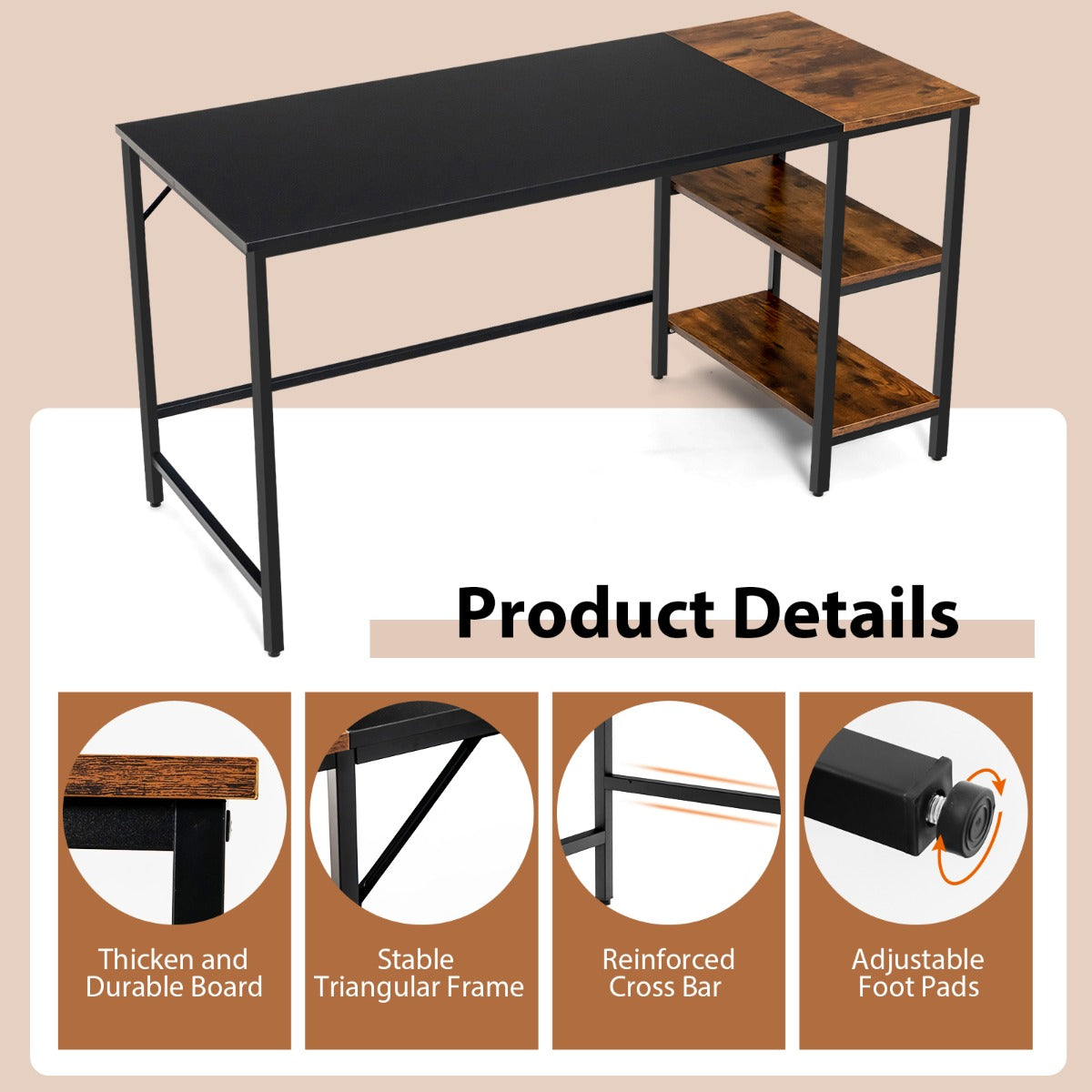 140CM Computer Desk with 2-tier Storage Shelves &amp; Steel Frame-Black