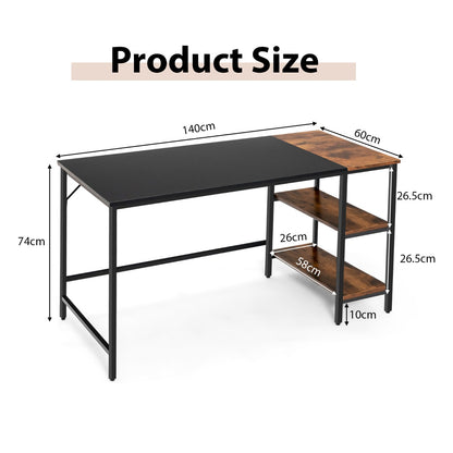 140CM Computer Desk with 2-tier Storage Shelves &amp; Steel Frame-Black