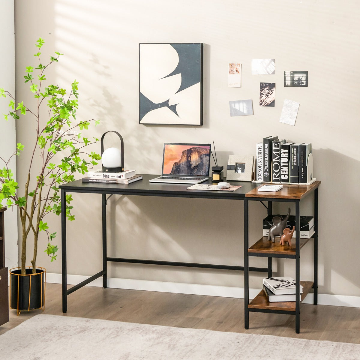140CM Computer Desk with 2-tier Storage Shelves &amp; Steel Frame-Black