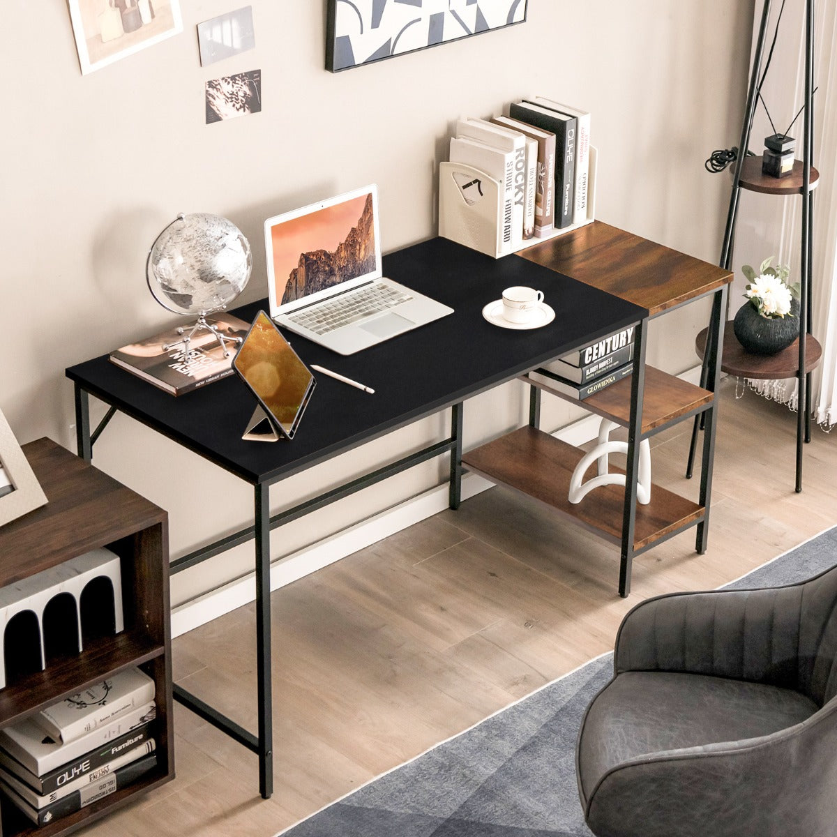140CM Computer Desk with 2-tier Storage Shelves &amp; Steel Frame-Black