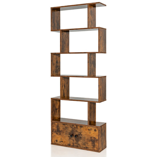 Costway S-Shaped Bookshelf with Storage Cabiet for Living Room Brown