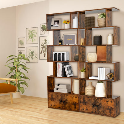 Costway S-Shaped Bookshelf with Storage Cabiet for Living Room Brown