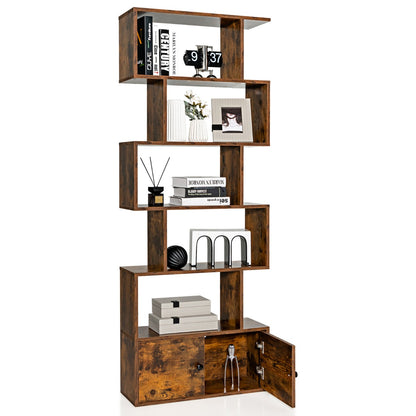 Costway S-Shaped Bookshelf with Storage Cabiet for Living Room Brown