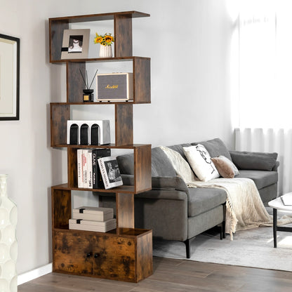 Costway S-Shaped Bookshelf with Storage Cabiet for Living Room Brown