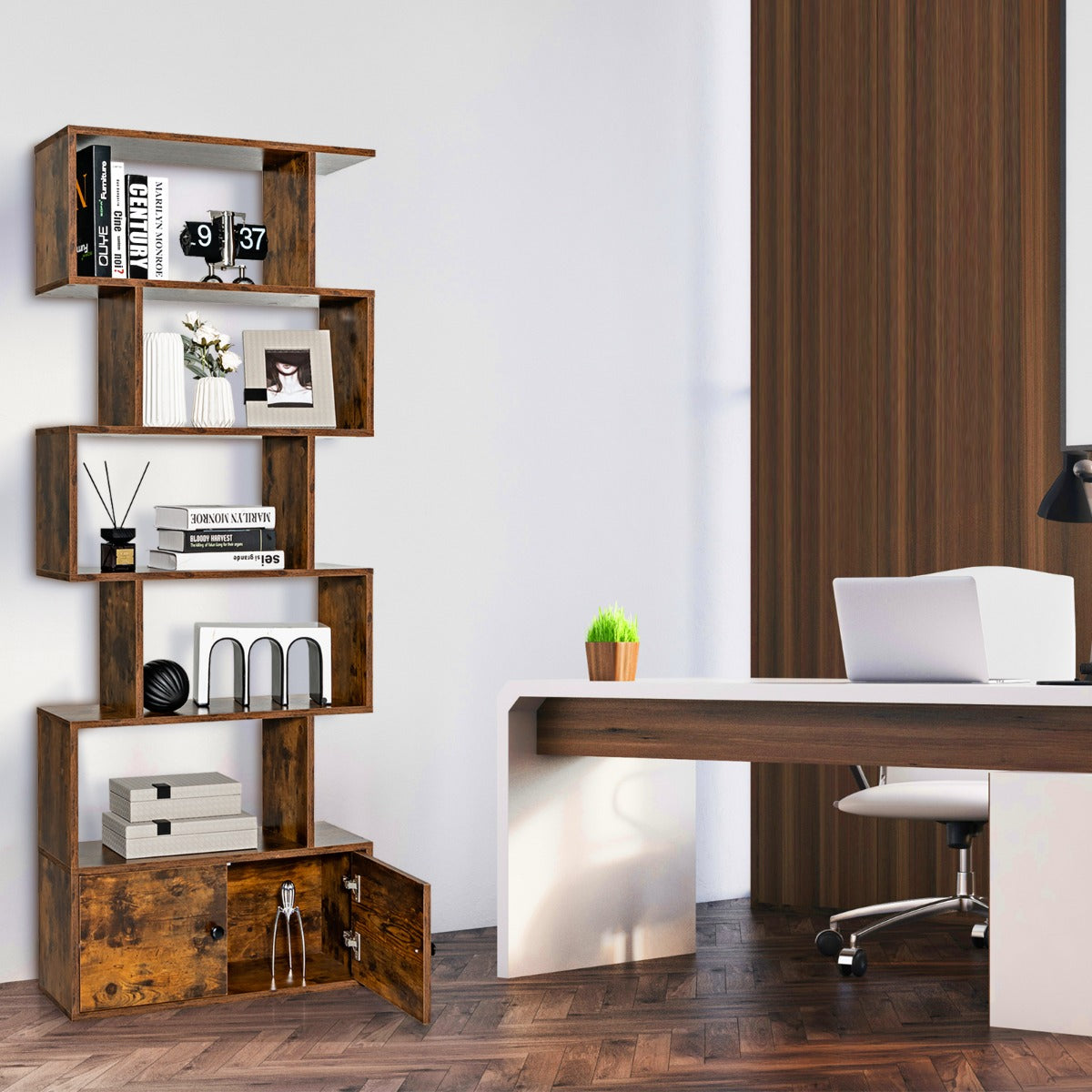 Costway S-Shaped Bookshelf with Storage Cabiet for Living Room Brown