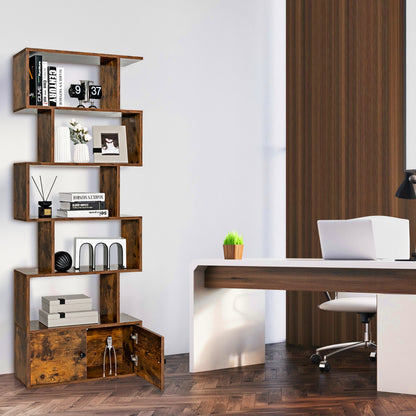 Costway S-Shaped Bookshelf with Storage Cabiet for Living Room Brown