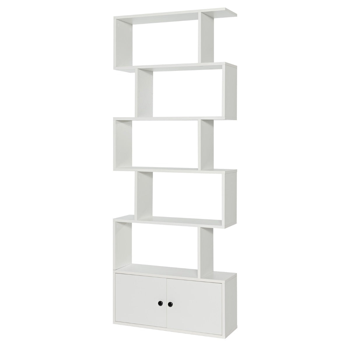 Six-tier bookcase features five open shelves and a closed double-door cabinet for organization