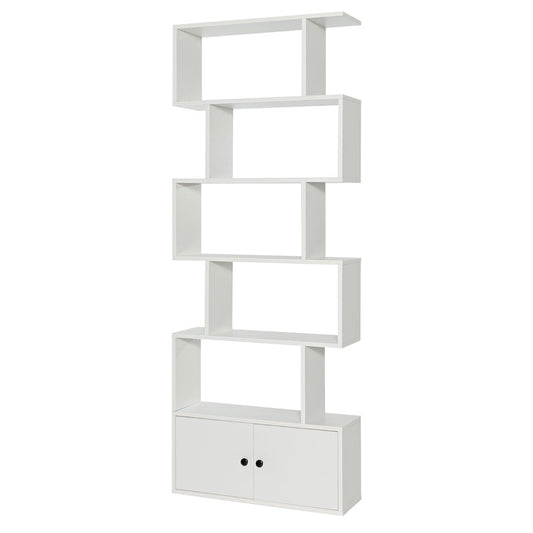 Six-tier bookcase features five open shelves and a closed double-door cabinet for organization