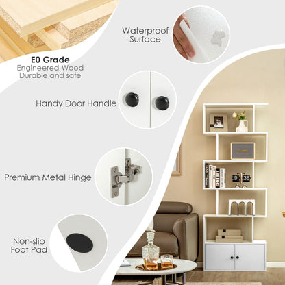 Open shelving displays books, plants, ornaments, collections, and decorative household accessories