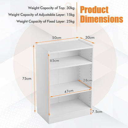 Modern three-tier bookcase provides open storage and display space for books, plants, photos, and decor