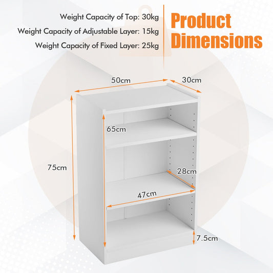 Modern three-tier bookcase provides open storage and display space for books, plants, photos, and decor
