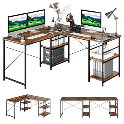 151CM Convertible L-shaped Computer Desk with 4 Storage Shelves for Home Office-Brown