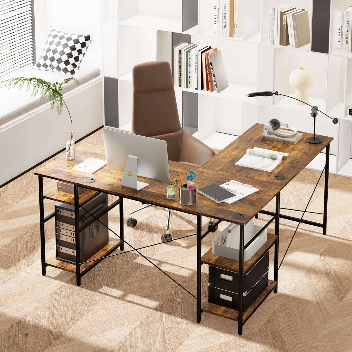 151CM Convertible L-shaped Computer Desk with 4 Storage Shelves for Home Office-Brown