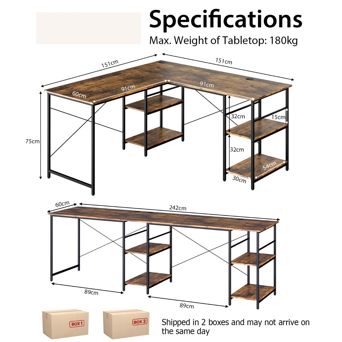 151CM Convertible L-shaped Computer Desk with 4 Storage Shelves for Home Office-Brown