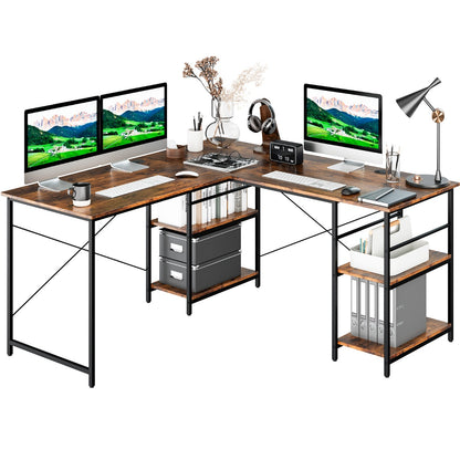 151CM Convertible L-shaped Computer Desk with 4 Storage Shelves for Home Office-Brown