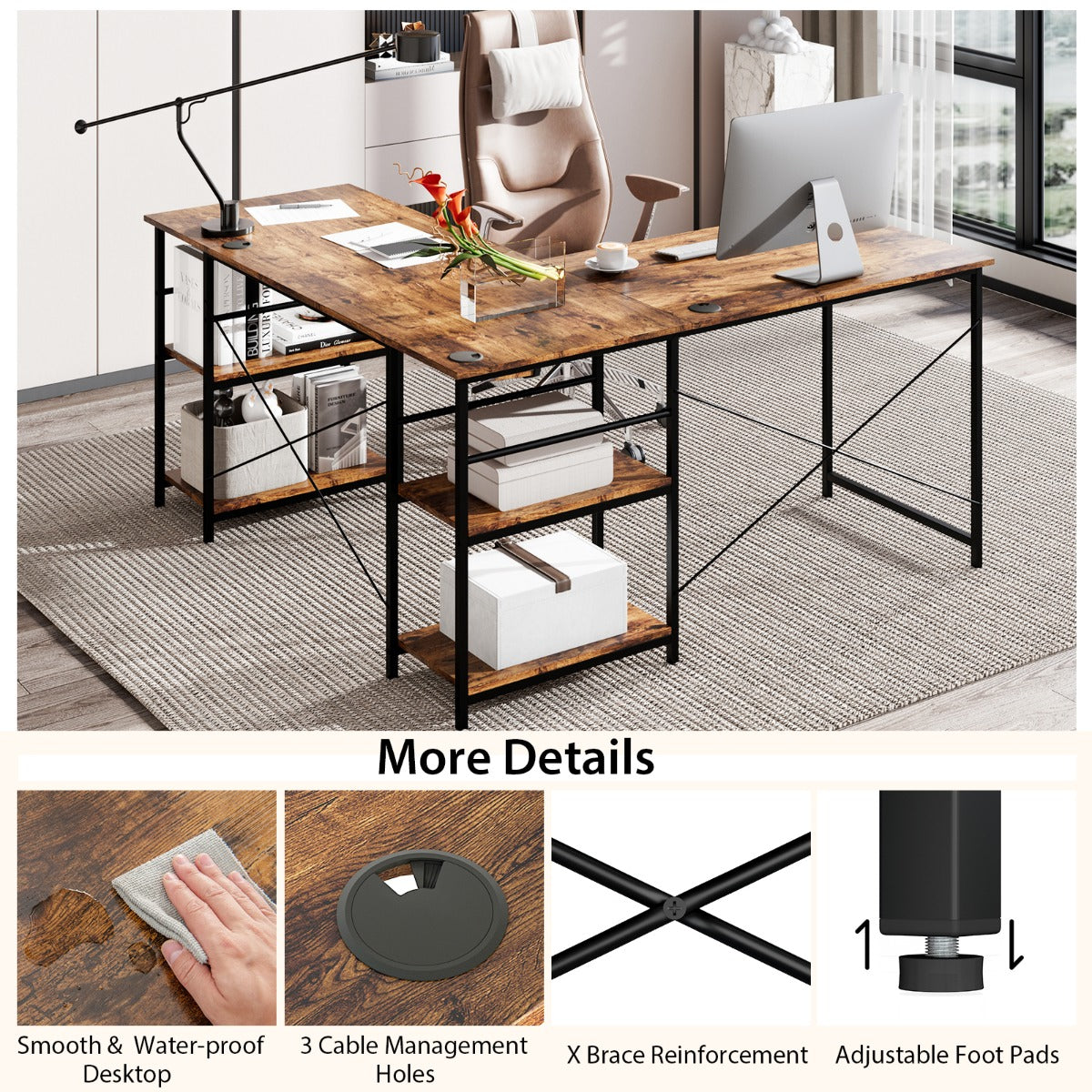 151CM Convertible L-shaped Computer Desk with 4 Storage Shelves for Home Office-Brown