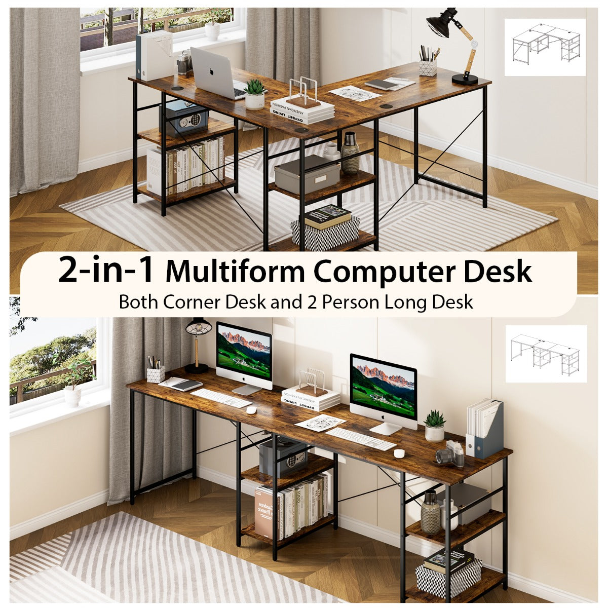 151CM Convertible L-shaped Computer Desk with 4 Storage Shelves for Home Office-Brown