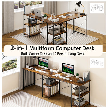 151CM Convertible L-shaped Computer Desk with 4 Storage Shelves for Home Office-Brown