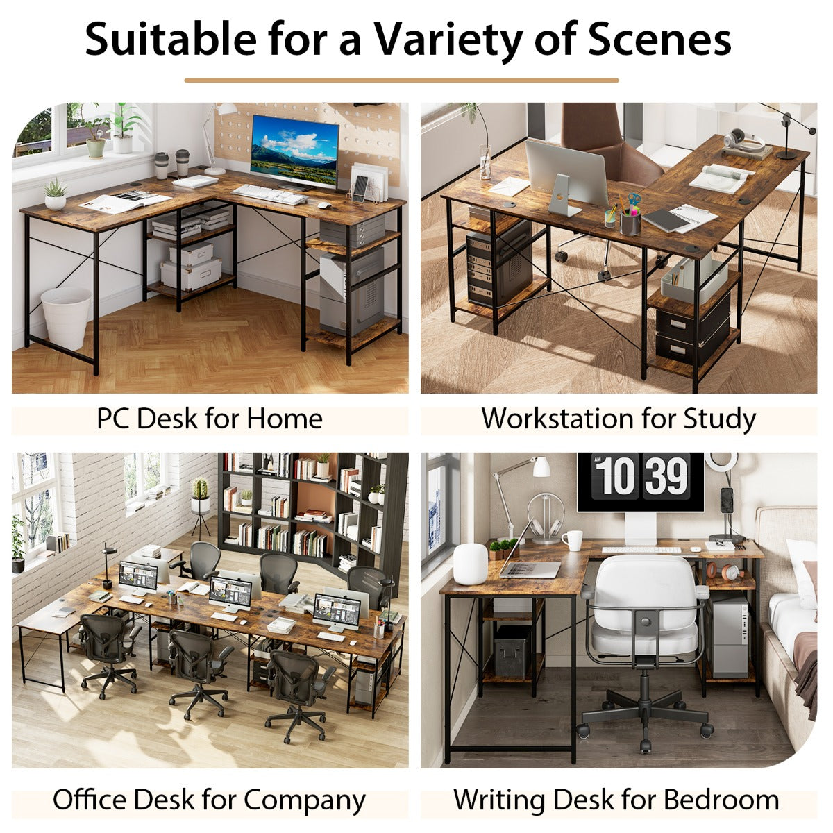 151CM Convertible L-shaped Computer Desk with 4 Storage Shelves for Home Office-Brown