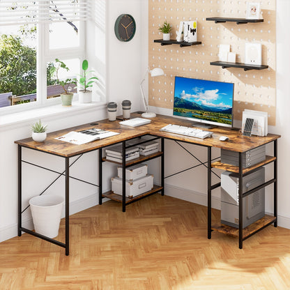151CM Convertible L-shaped Computer Desk with 4 Storage Shelves for Home Office-Brown