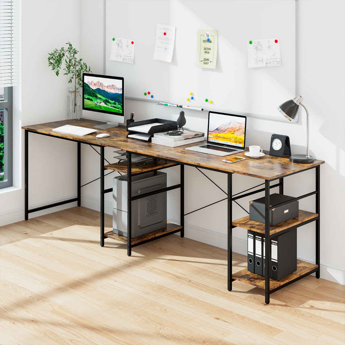 151CM Convertible L-shaped Computer Desk with 4 Storage Shelves for Home Office-Brown