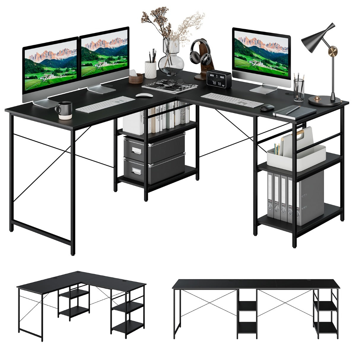 151CM Convertible L-shaped Computer Desk with 4 Storage Shelves for Home Office-Black