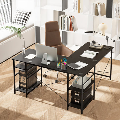 151CM Convertible L-shaped Computer Desk with 4 Storage Shelves for Home Office-Black