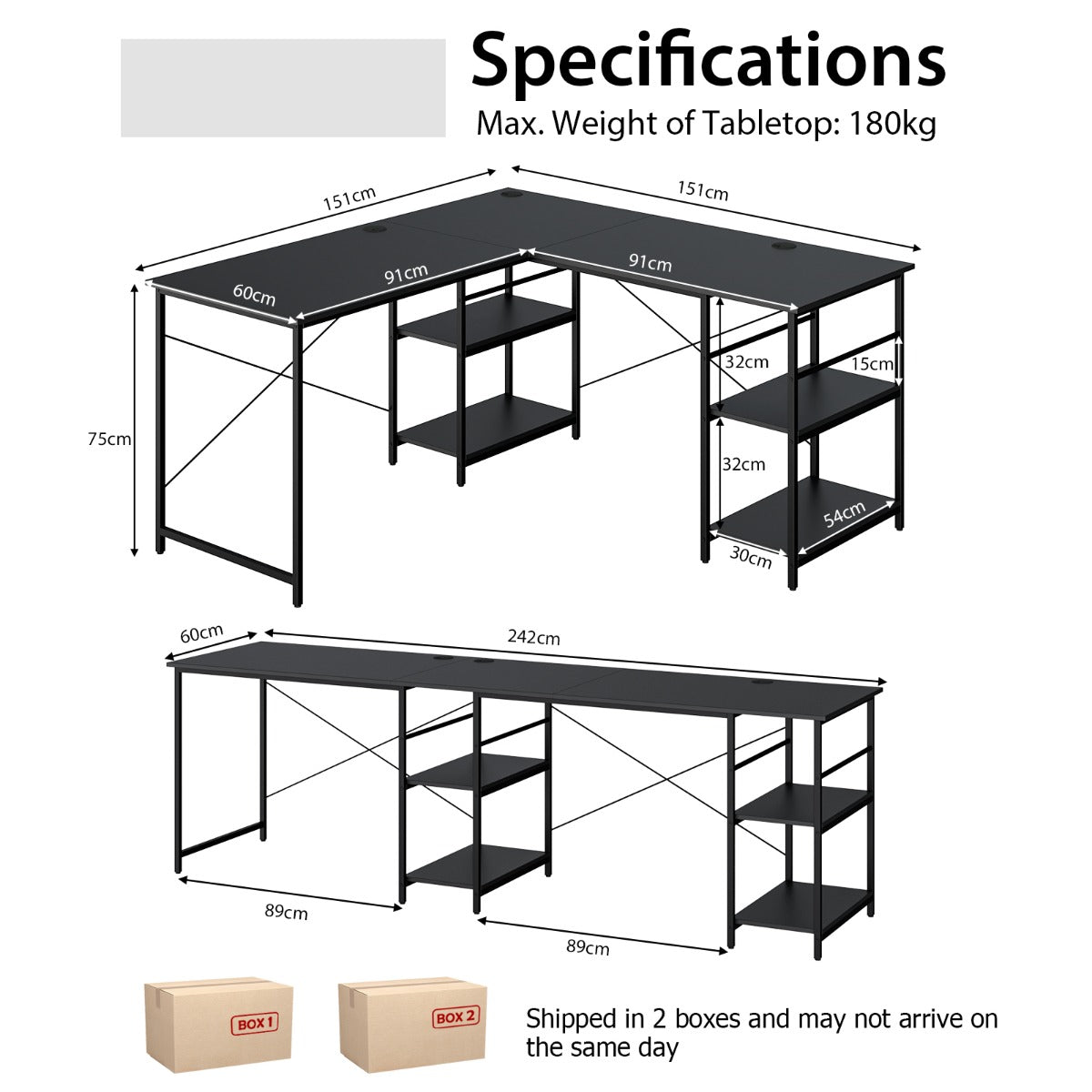 151CM Convertible L-shaped Computer Desk with 4 Storage Shelves for Home Office-Black