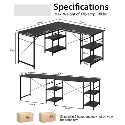 151CM Convertible L-shaped Computer Desk with 4 Storage Shelves for Home Office-Black