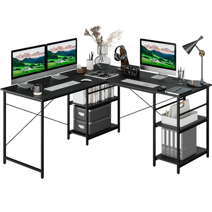 151CM Convertible L-shaped Computer Desk with 4 Storage Shelves for Home Office-Black