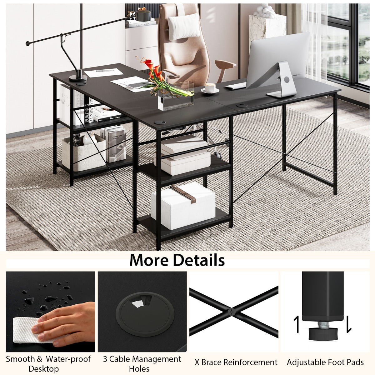 151CM Convertible L-shaped Computer Desk with 4 Storage Shelves for Home Office-Black
