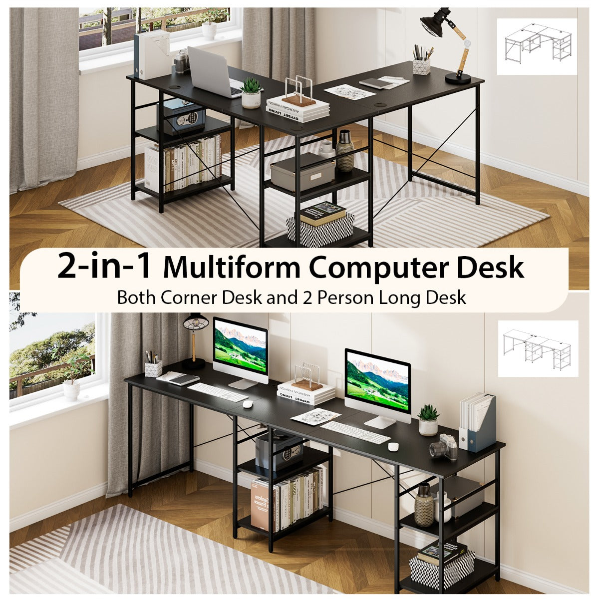 151CM Convertible L-shaped Computer Desk with 4 Storage Shelves for Home Office-Black