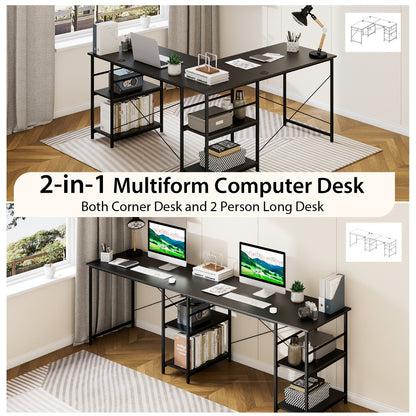 151CM Convertible L-shaped Computer Desk with 4 Storage Shelves for Home Office-Black