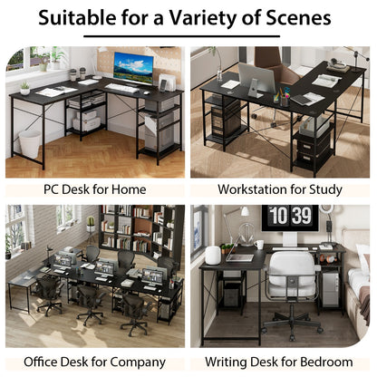 151CM Convertible L-shaped Computer Desk with 4 Storage Shelves for Home Office-Black