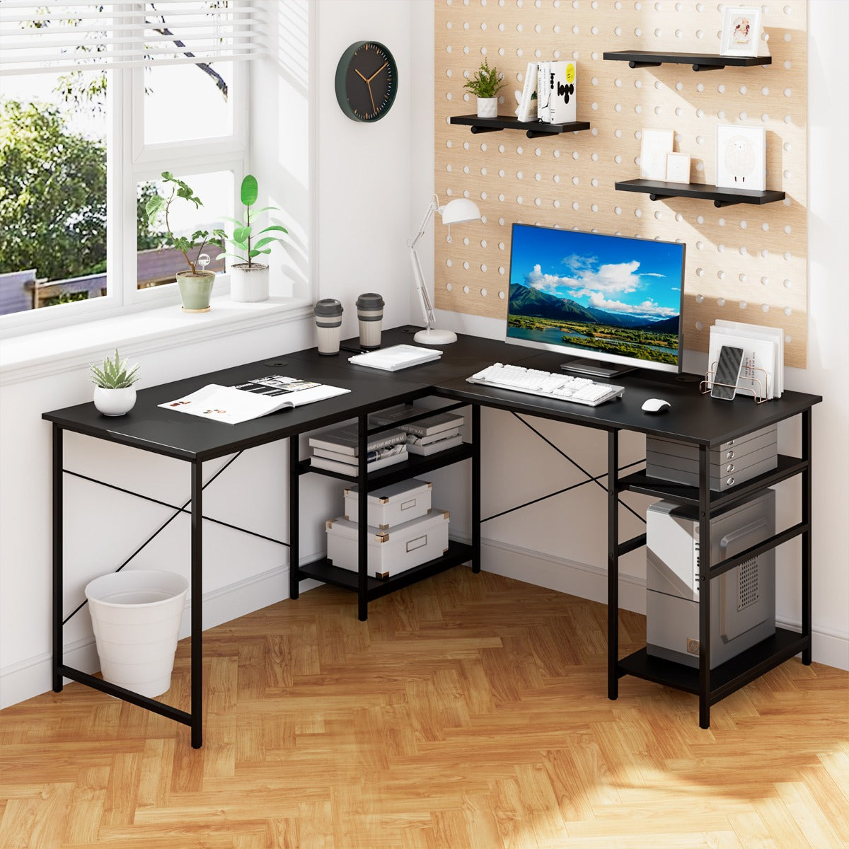 151CM Convertible L-shaped Computer Desk with 4 Storage Shelves for Home Office-Black