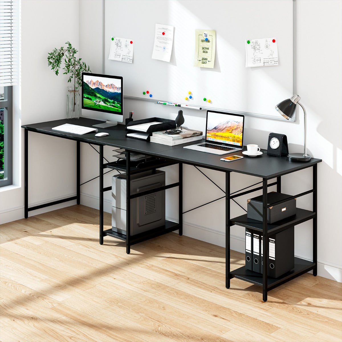 151CM Convertible L-shaped Computer Desk with 4 Storage Shelves for Home Office-Black