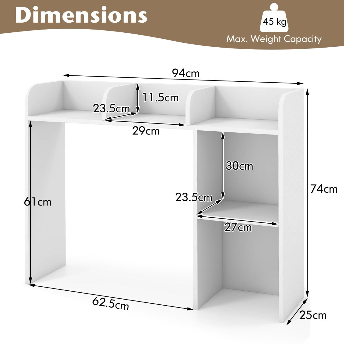 3-Tier Desk Bookshelf with 4 Shelves &amp; Open Back Compartment-White
