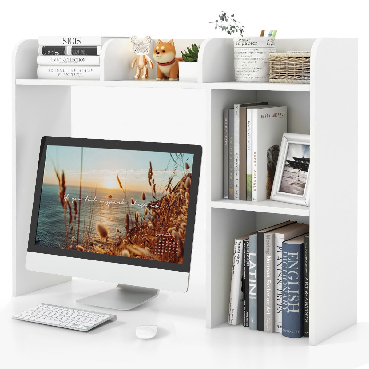 3-Tier Desk Bookshelf with 4 Shelves &amp; Open Back Compartment-White