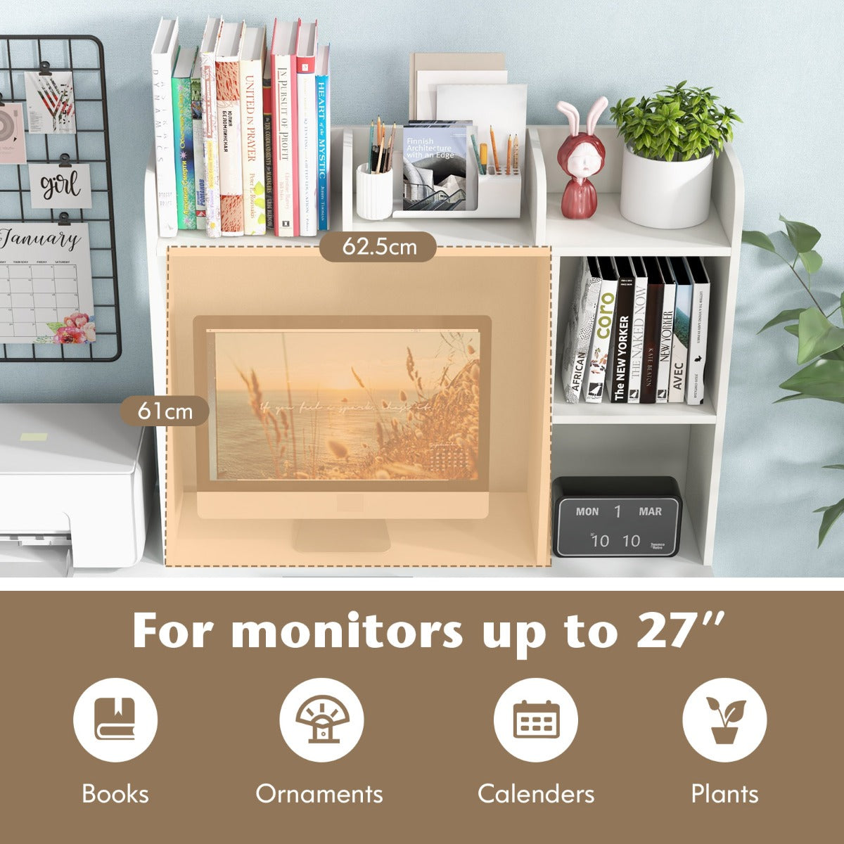 3-Tier Desk Bookshelf with 4 Shelves &amp; Open Back Compartment-White