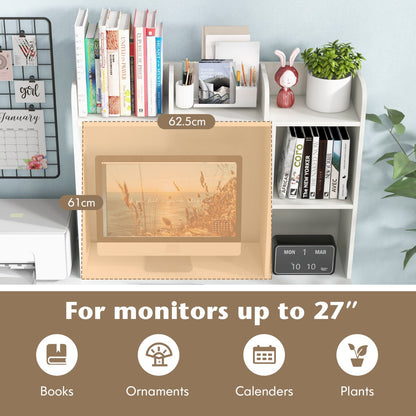 3-Tier Desk Bookshelf with 4 Shelves &amp; Open Back Compartment-White